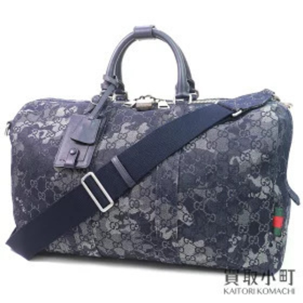 Gucci GG Denim Duffle Bag Web Stripe Camouflage Effect Blue Shoulder Boston